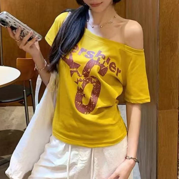 2025夏季新款美式复古斜肩字母印花辣妹显瘦短袖上衣T桖女ins