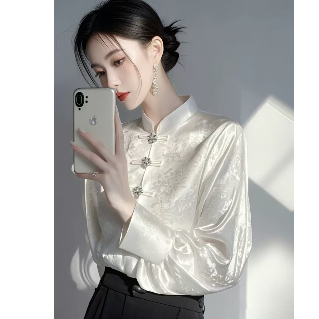 新中式国风内搭打底衫女早春高级感轻奢减龄洋气白色提花衬衫