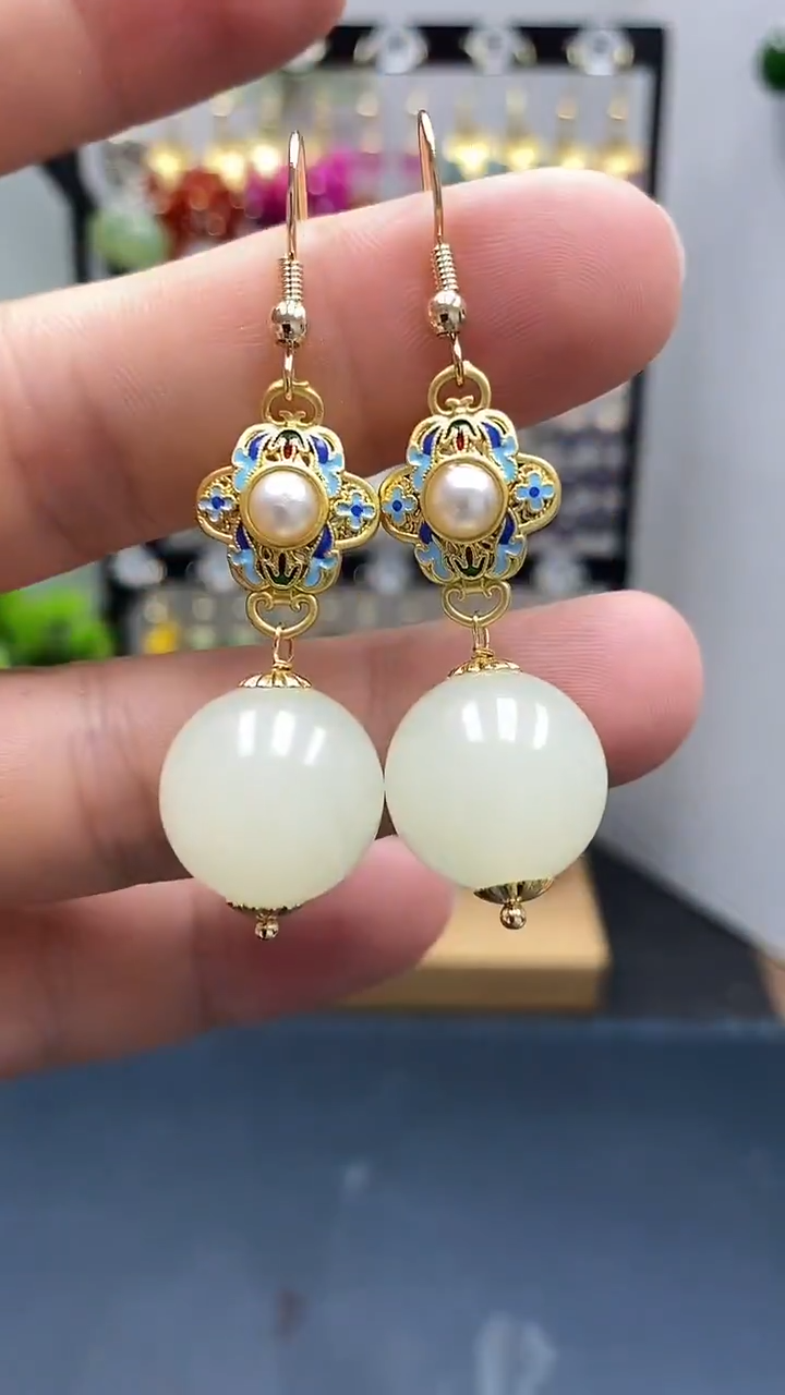 银S925镀金镶嵌和田玉耳饰尺寸16mmS2