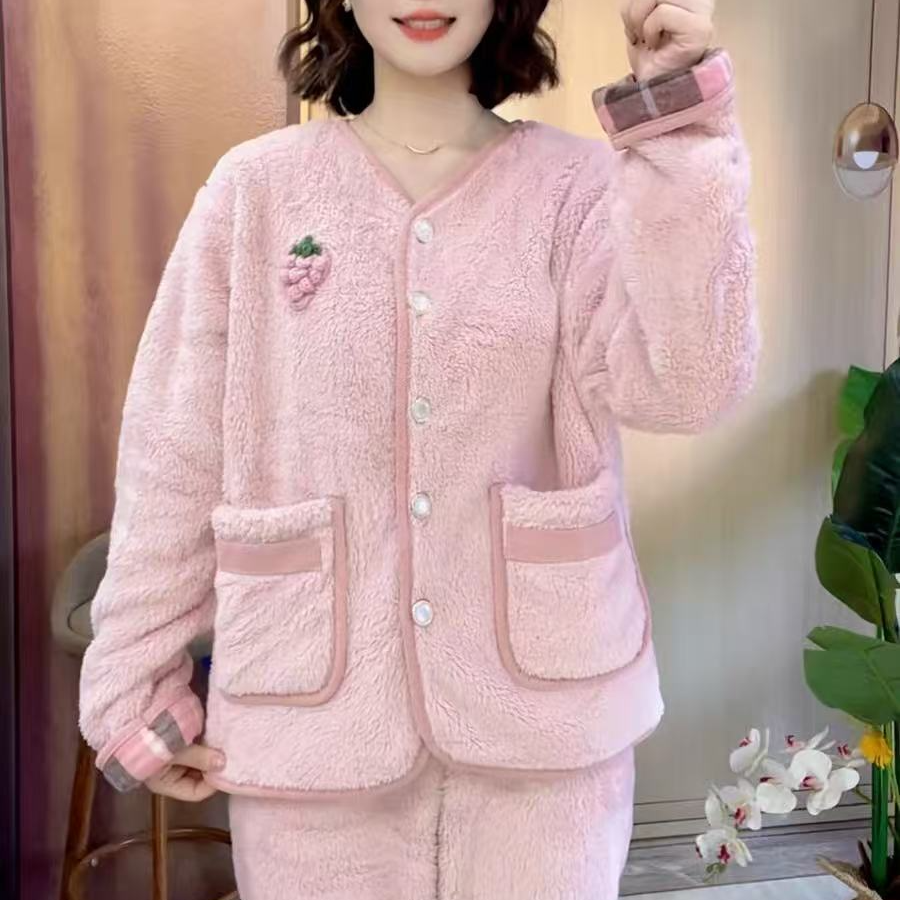 粉色葡萄拼格子冬季家居服套装秋冬女款加绒睡衣睡衣家居服甜美