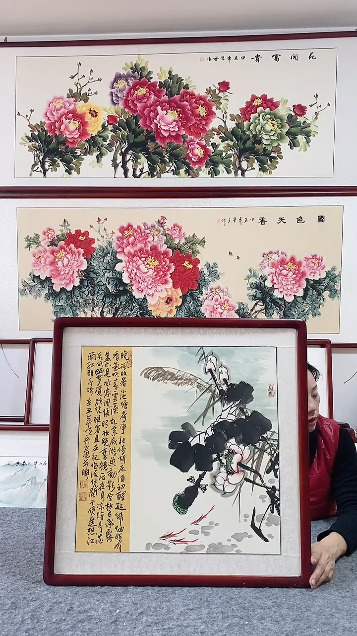 国画实木框纯手绘国画65*65画带框挂画