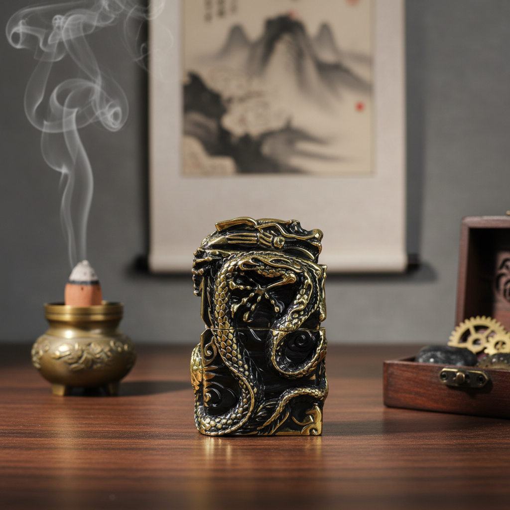 重工浮雕复古螭吻祥龙砂轮打火机【全新机无煤-油】