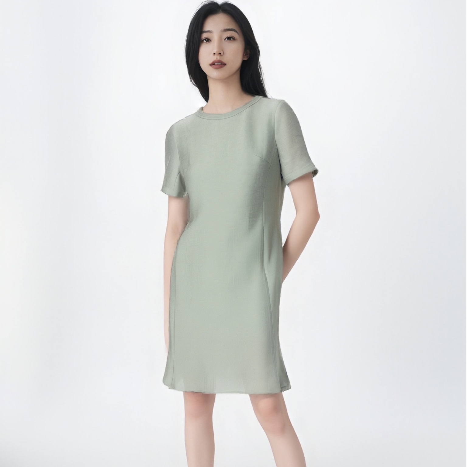 舒与石0022绿色短袖连衣裙亲肤百搭舒适显瘦圆领女装禅意仙气飘飘
