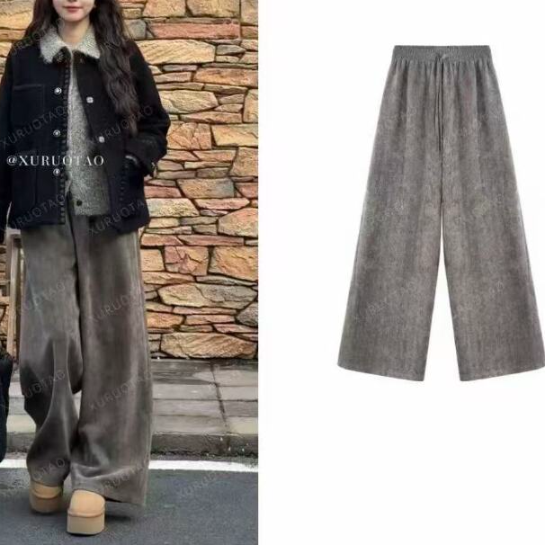 【现货】 【OK裤】雪尼尔松紧腰百搭设计显瘦浅灰绿色休闲裤 T5669