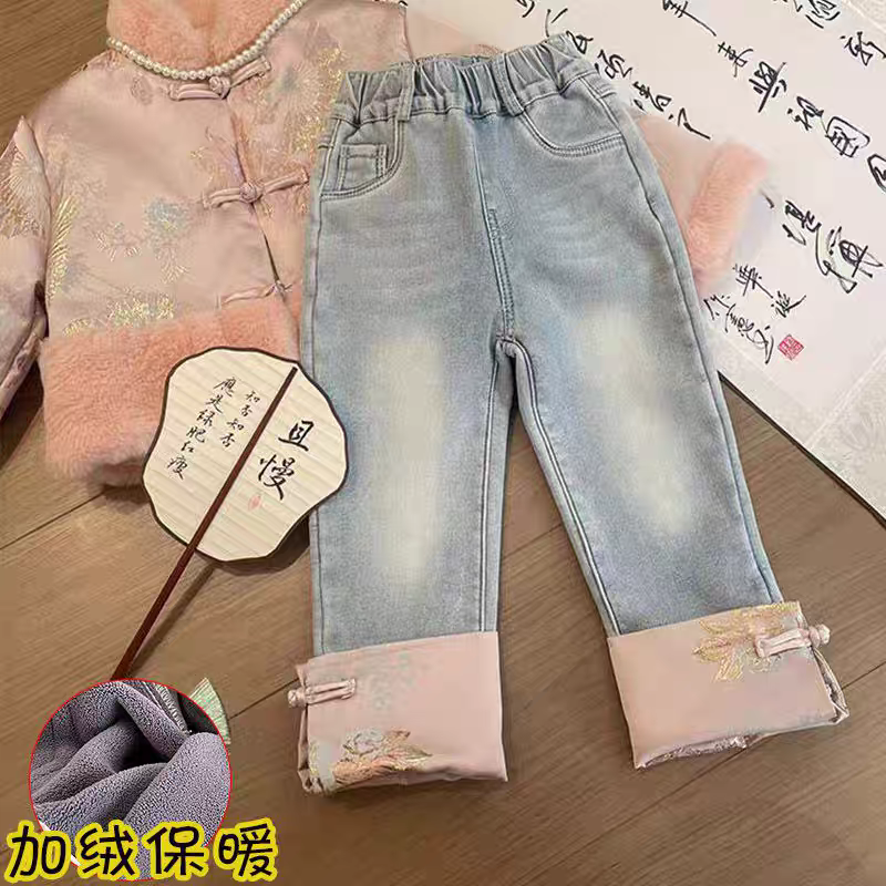 3028小女孩儿童秋冬装新拼接裤脚加厚夹一体绒修身直筒牛仔裤