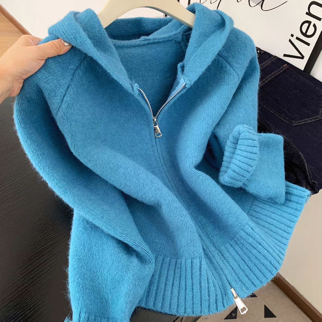 540区深蓝色连帽女毛针织衫正肩显瘦慵懒风