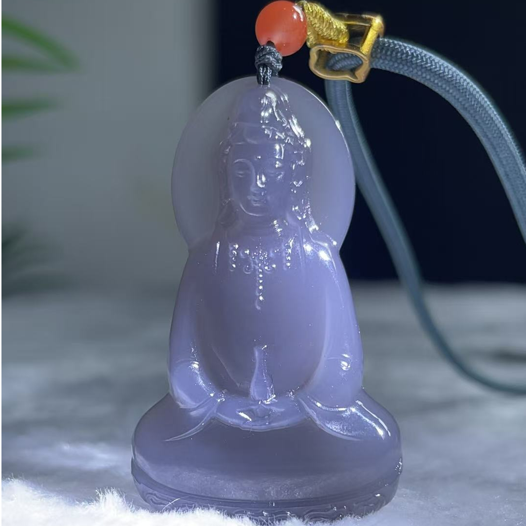 和田玉吊坠冰烟紫观音特冰珍藏级顶细C39约50mm精雕冰透