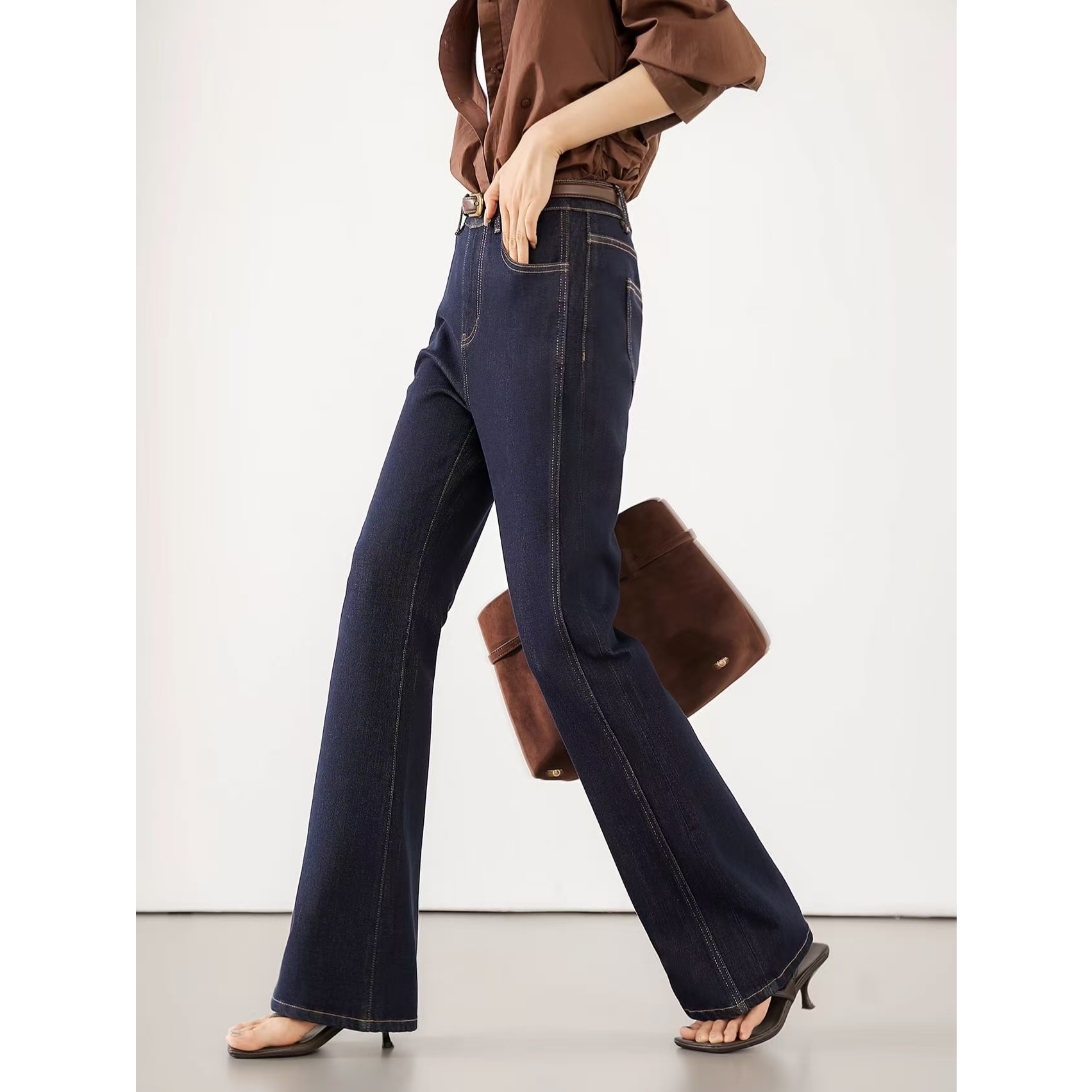 秋季新款竹纤维四面弹高腰休闲时尚拉腿神器琉璃微喇喇叭牛仔裤