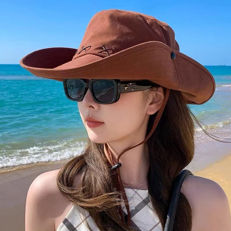 新款西部牛仔帽子夏男女欧美风复古渔夫帽防紫外线抽绳大檐防晒帽
