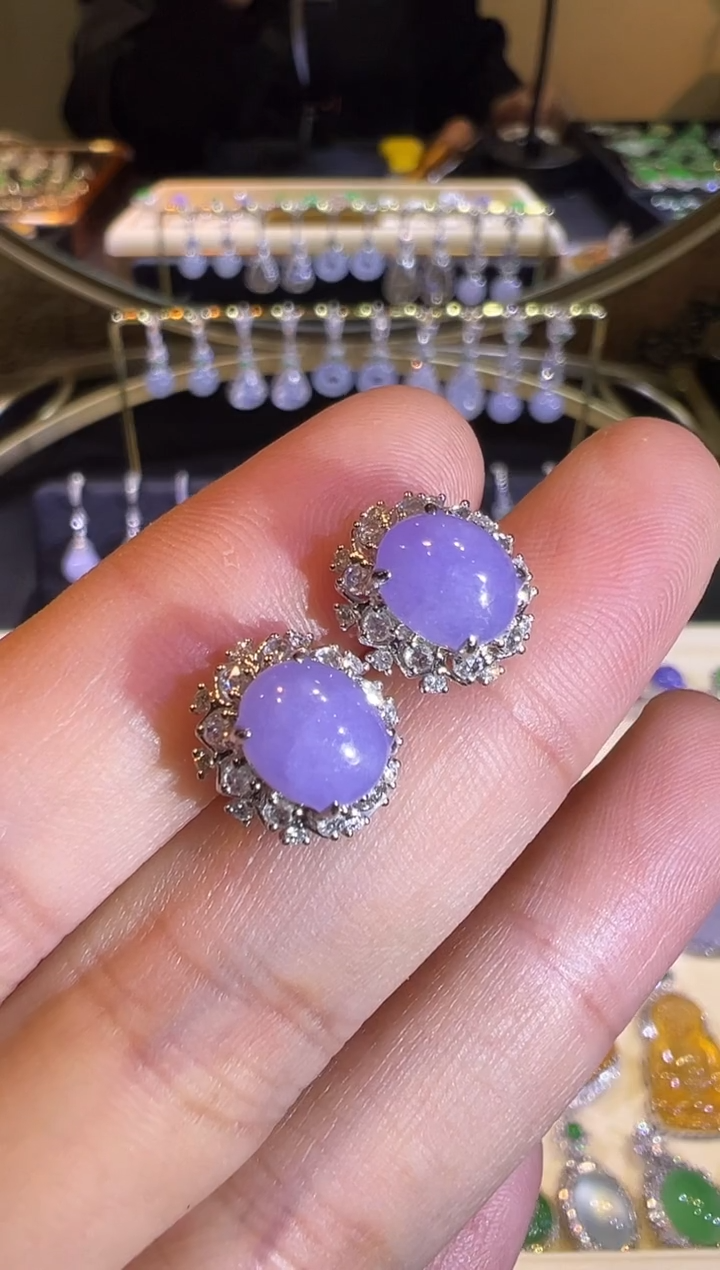 【闪购商品】翡翠耳饰18K金镶嵌满紫蛋面耳钉