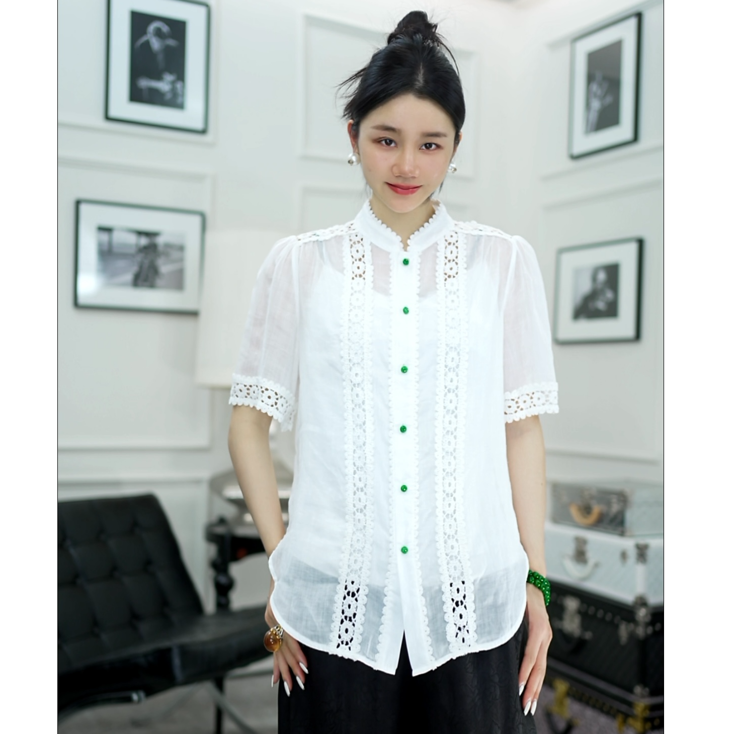 Betty Bairn【匠心/听雨眠】高端苎麻刺绣短袖衬衫25B-BW10715