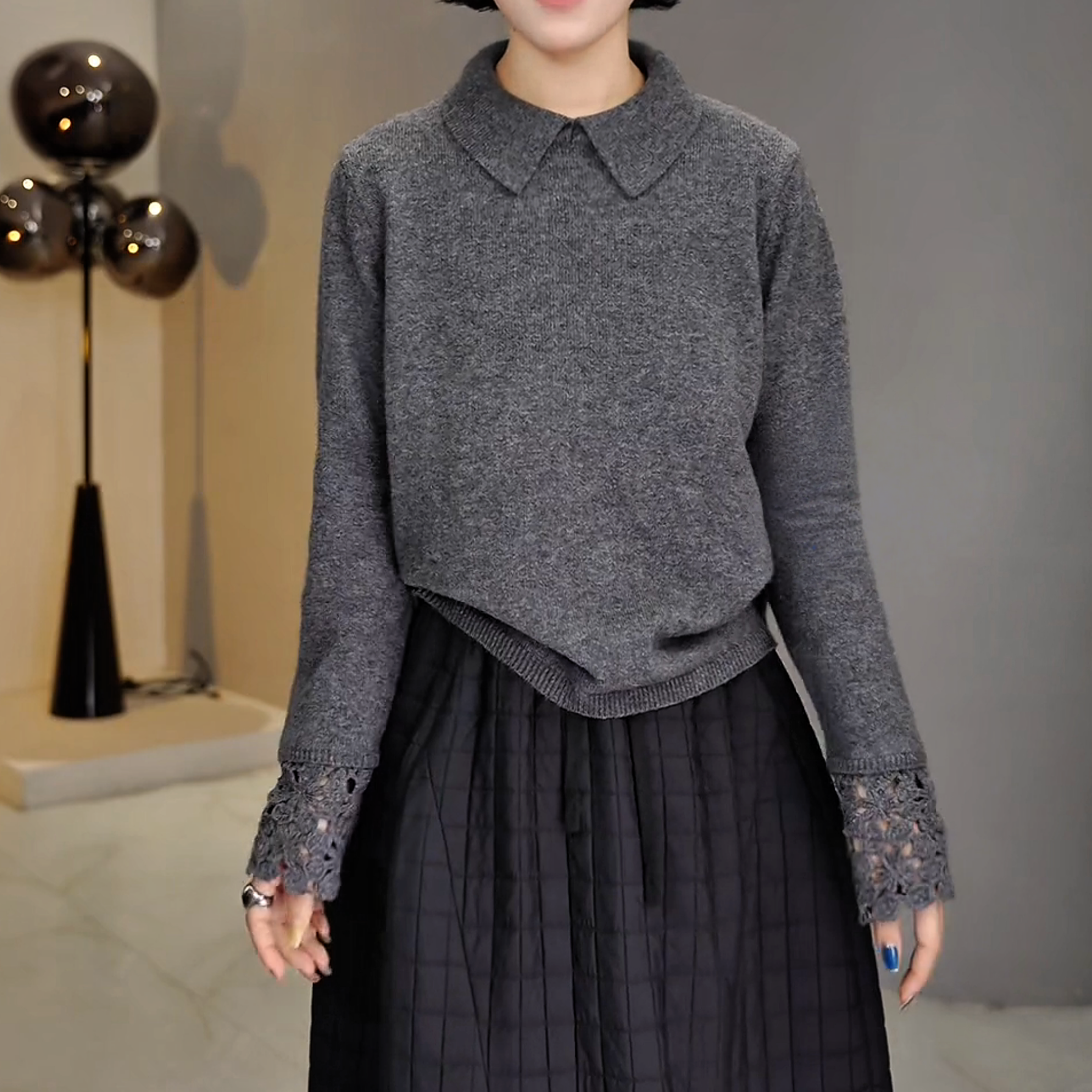 冬季蕾丝毛衣针织衫女宽松时尚翻领长袖2025休闲百搭保暖打底上衣