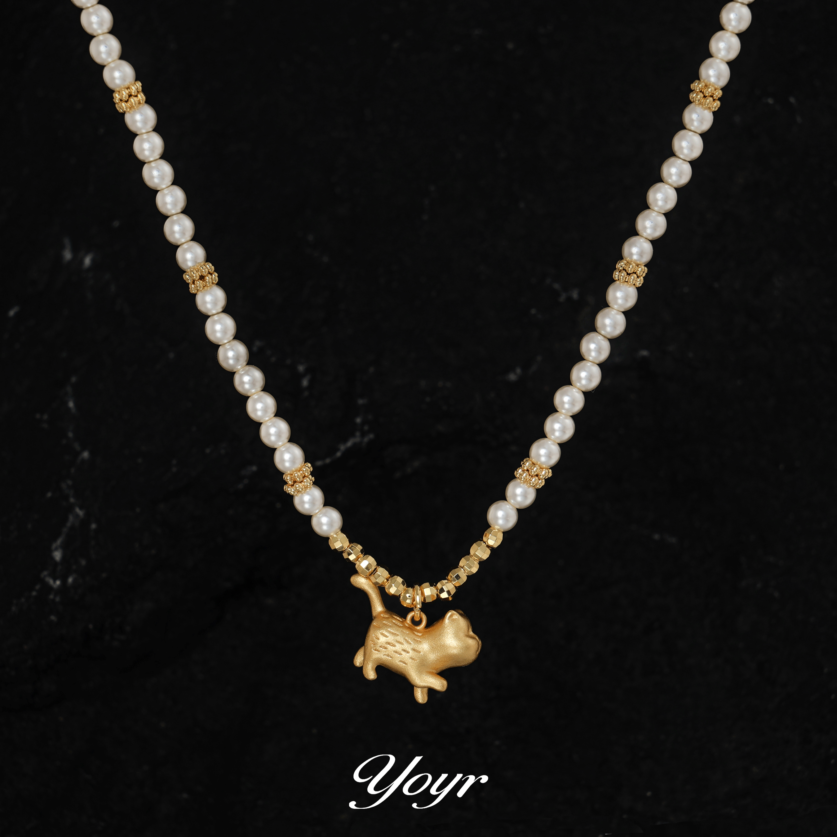 YOYR 黄铜项链 小猫项链手工百搭复古古法金色精致镶嵌