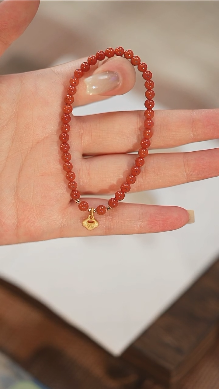 未镶嵌手串南红玛瑙如意锁 南红锦红 单圈手串