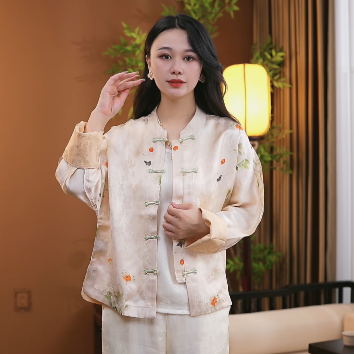 新中式桑蚕丝时尚衬衫提花气质国风盘扣百搭长袖显瘦外套女S147