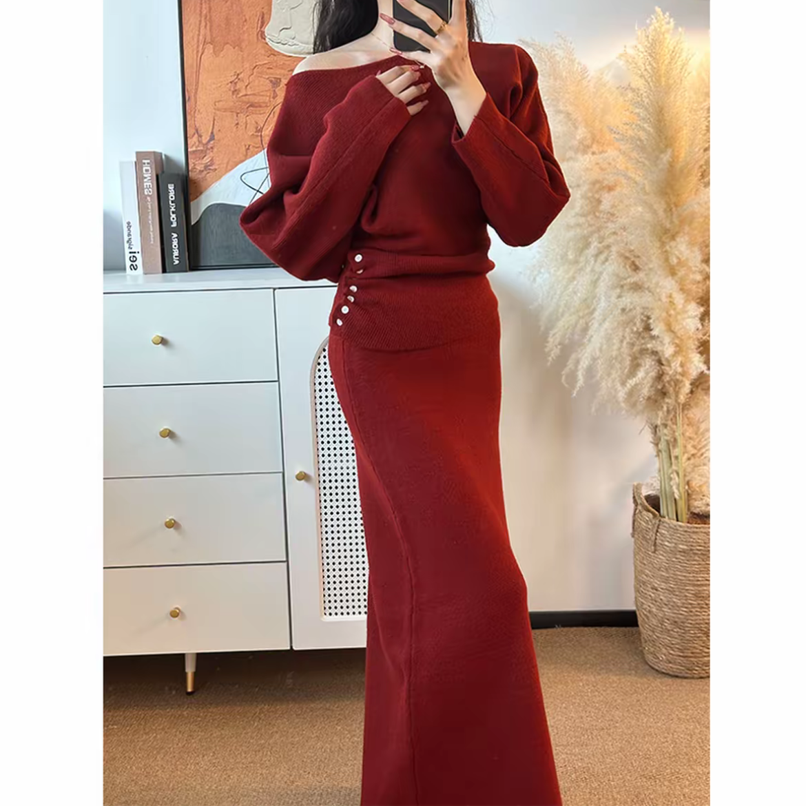 设计感侧边纽扣收腰斜肩长袖针织套装女2025年新款秋冬装纯欲修身