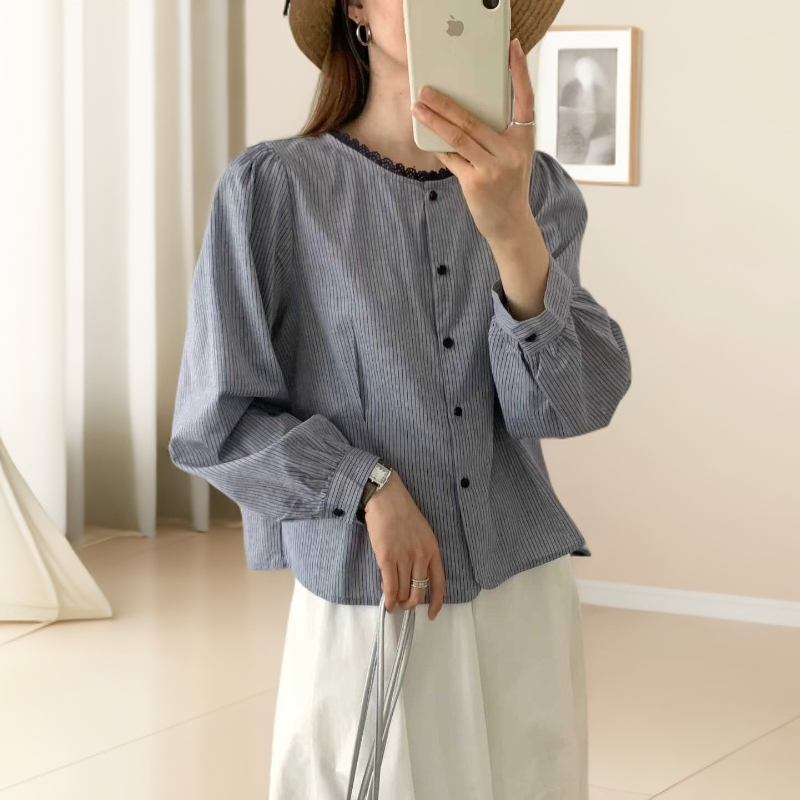 正品秋季韩版宽松休闲百搭圆领长袖衬衫女减龄气质简约大气上衣