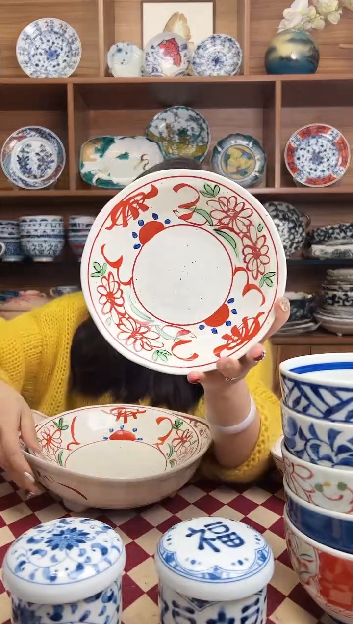 【闪购商品】瓷片粉引釉古代赤绘16.8cm浅钵