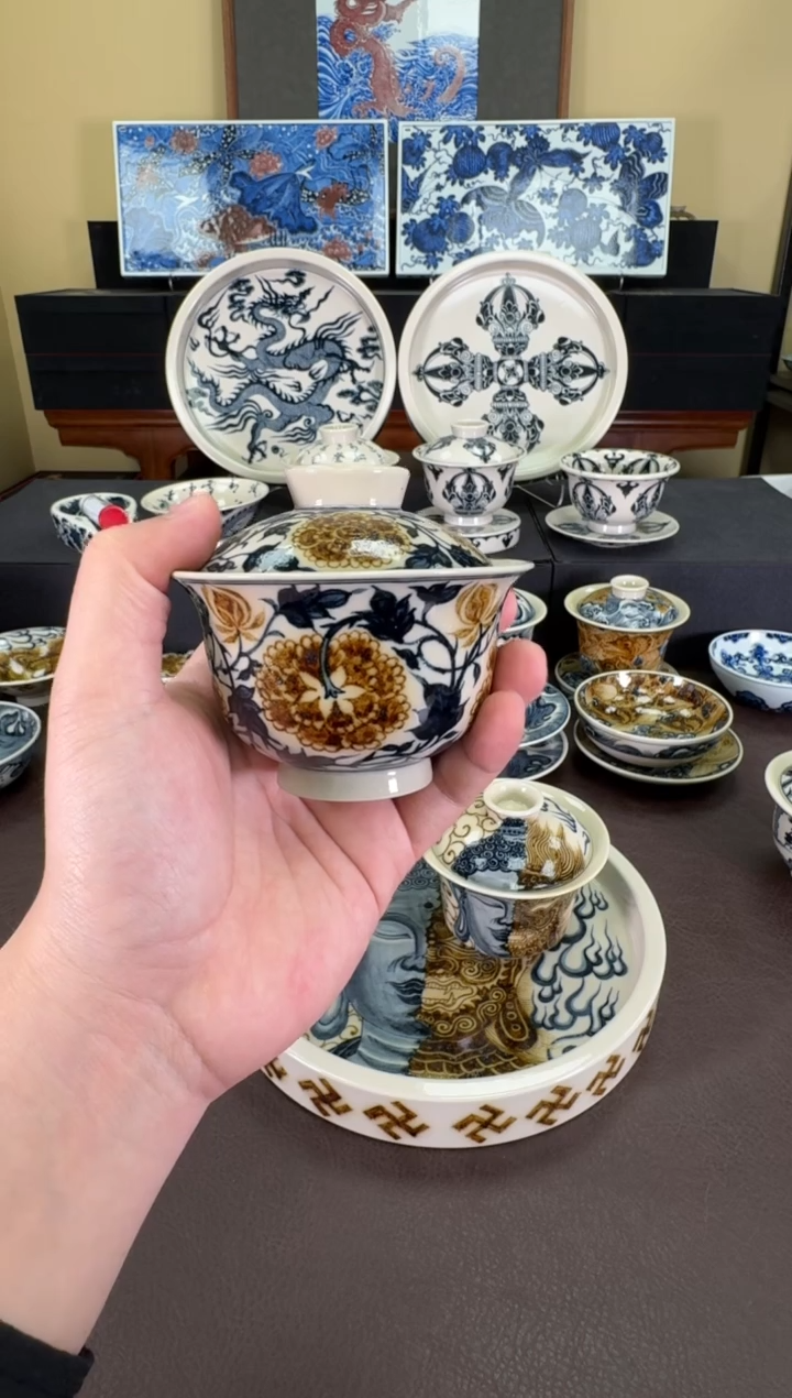 【闪购商品】瓷片二号釉牡丹纹元宝盖碗