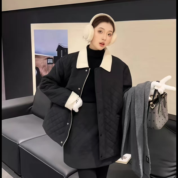 【小鑫】牛奶面包 大码胖mm冬季新款翻领保暖菱格棉服外套短裙套装