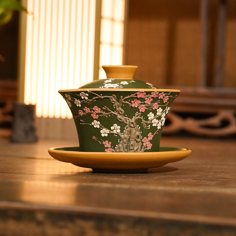 宜兴原矿黄金朱泥粉手工绿泥绘梅花紫砂三才盖碗容量150CC