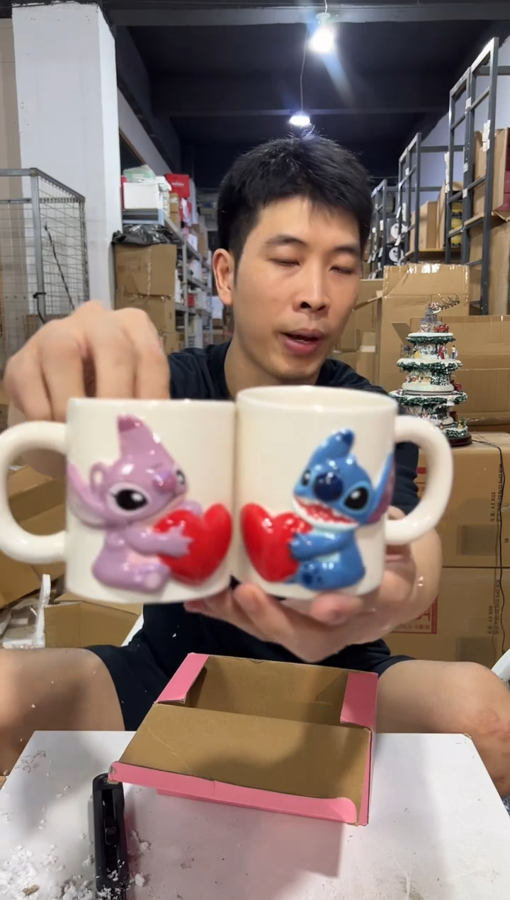 瓷片原盒史迪仔安琪浮雕爱心对杯