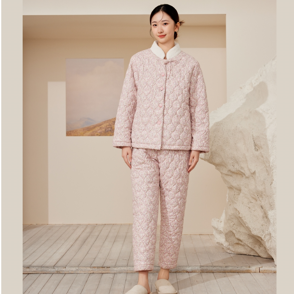 flossy弗劳思女士冬季三层加绒加厚粉色碎花家居服CD246