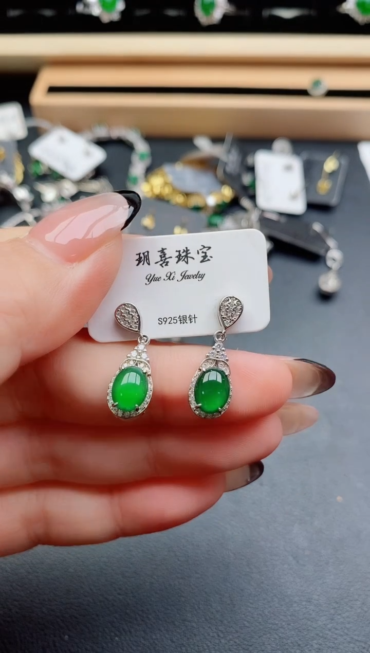 翡翠银S925镶嵌耳饰5080