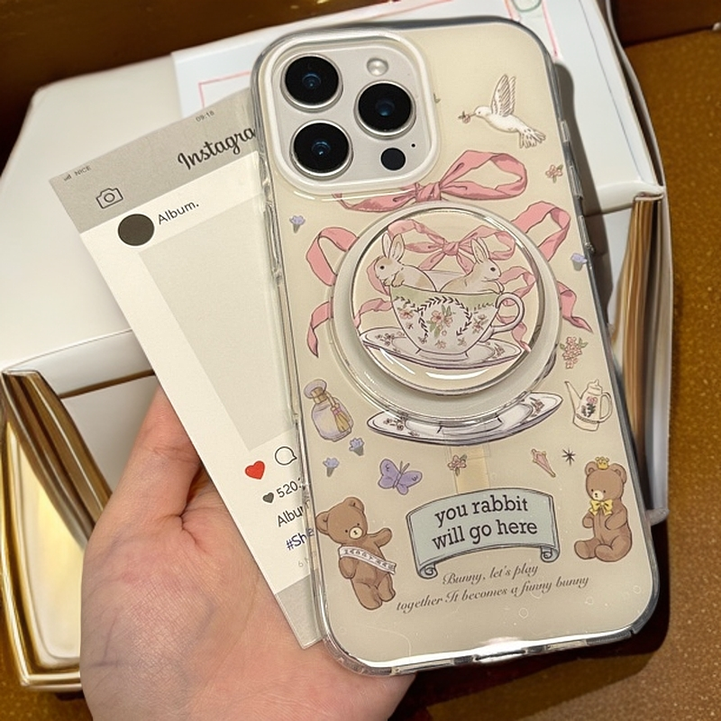 卡通茶杯蝴蝶结兔子磁吸手机壳适用苹果15Promax/14/13女款