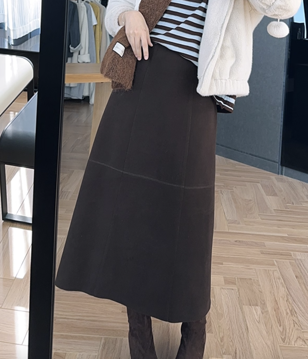 漂亮羊 【硬核防风系列现货】棕线半身裙 XU热锁温~明线A字裙