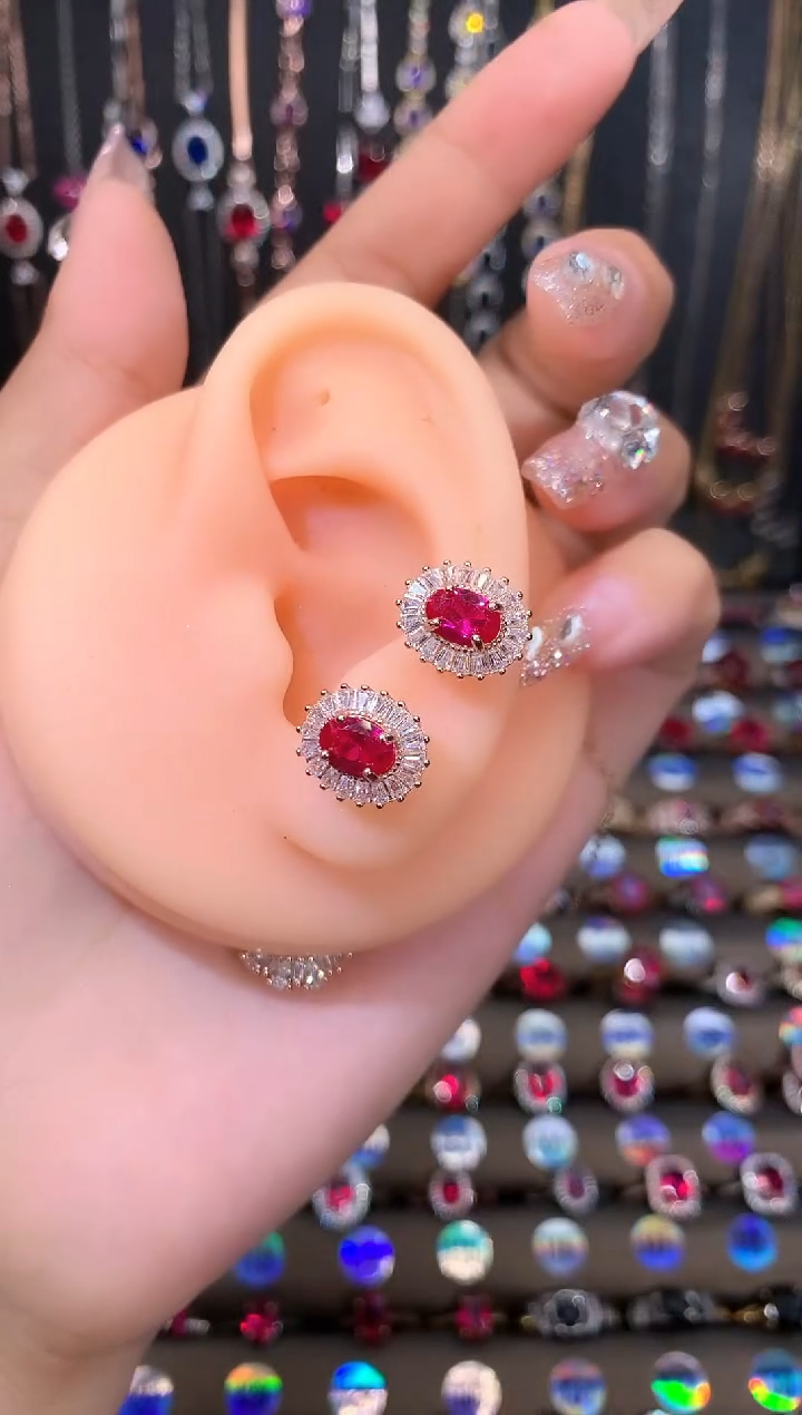 耳饰银S925镶嵌红宝石玫瑰金57