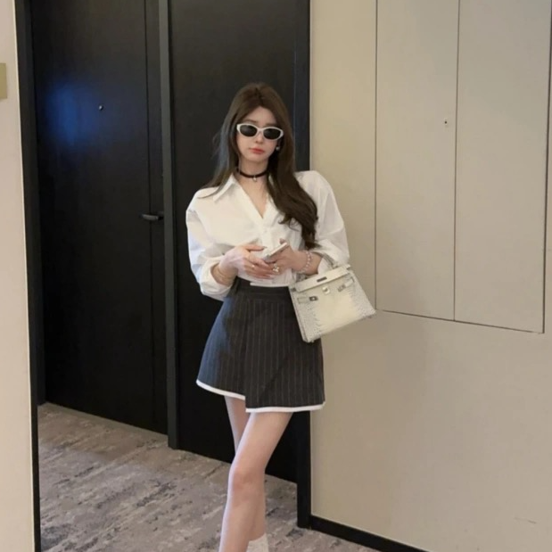 春季气质显瘦蕾丝边白色衬衫上衣+不规则西装半身裙两件套装 HD