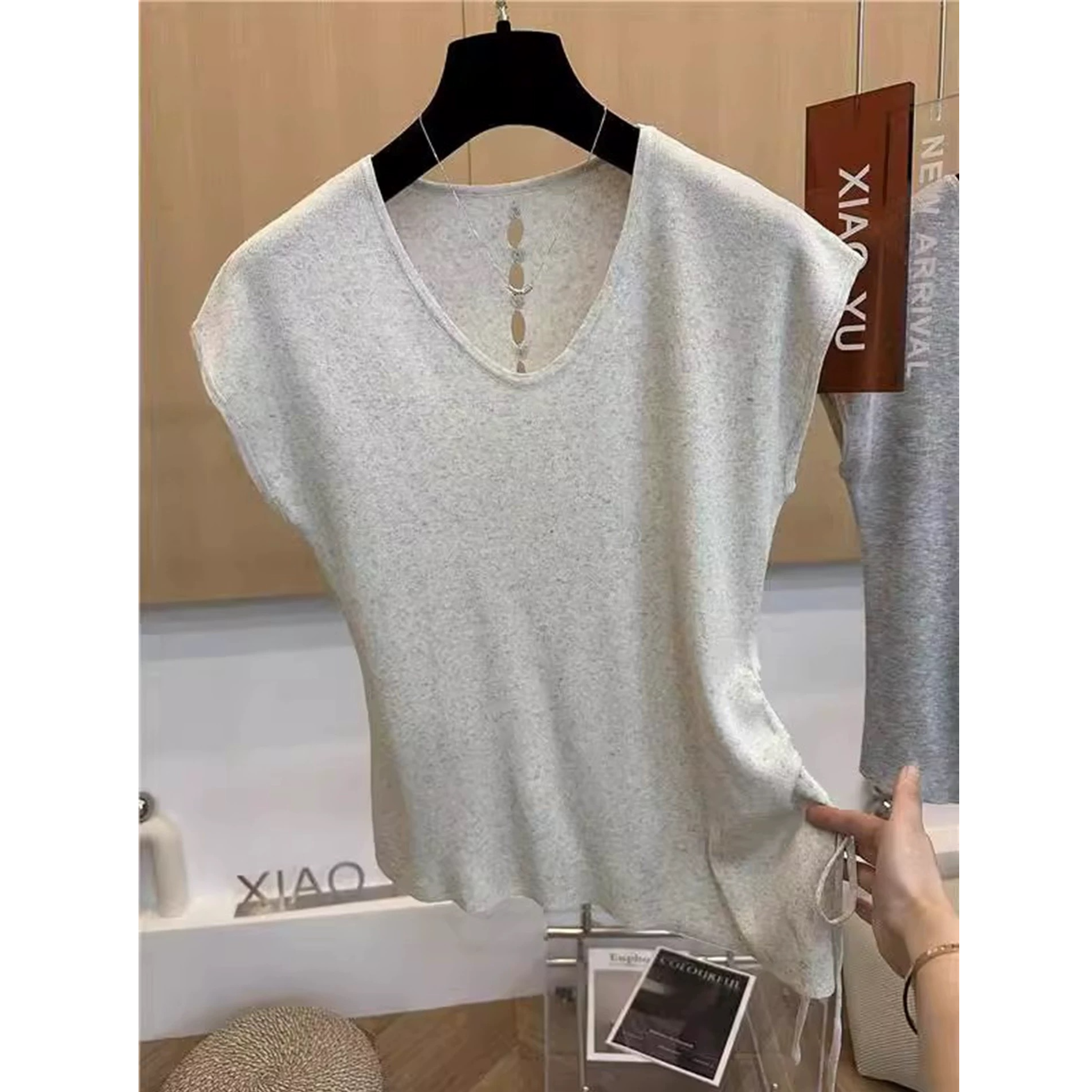 有运费补贴~绑带花米色时尚休闲气质夏季天爽亚麻上衣