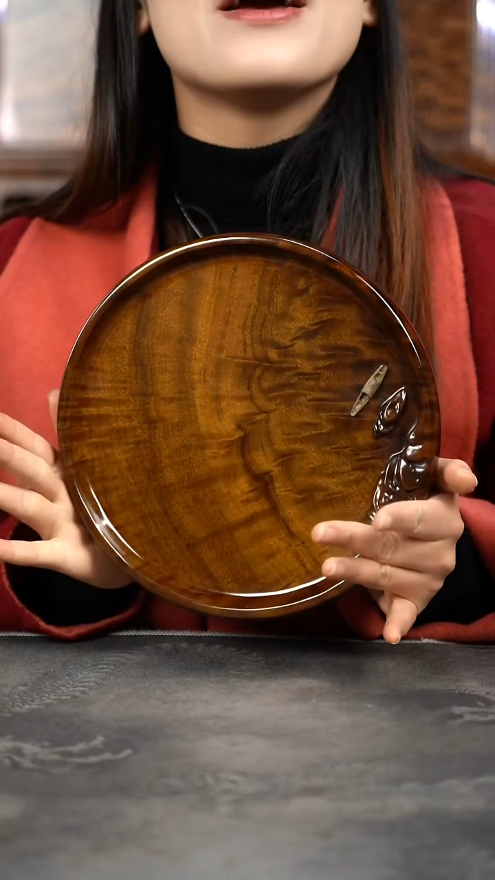 【闪购商品】金丝楠木雕云彩水波孤舟精工小品茶盘8