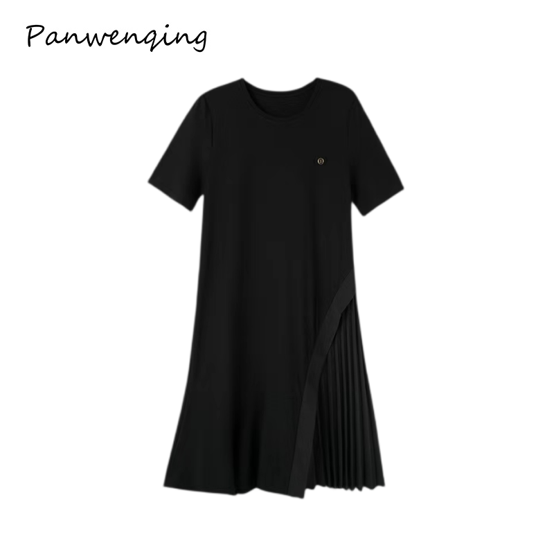 连衣裙圆领天-丝棉短袖百褶拼接胸前标LY-61108