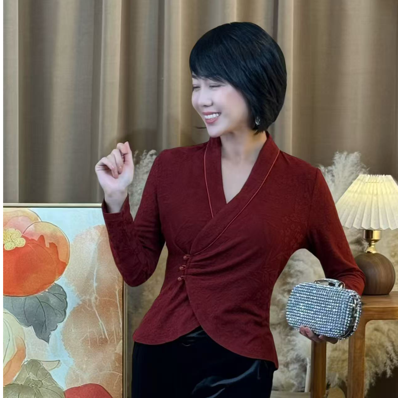 南山崔崔国风V领交叉国风上装