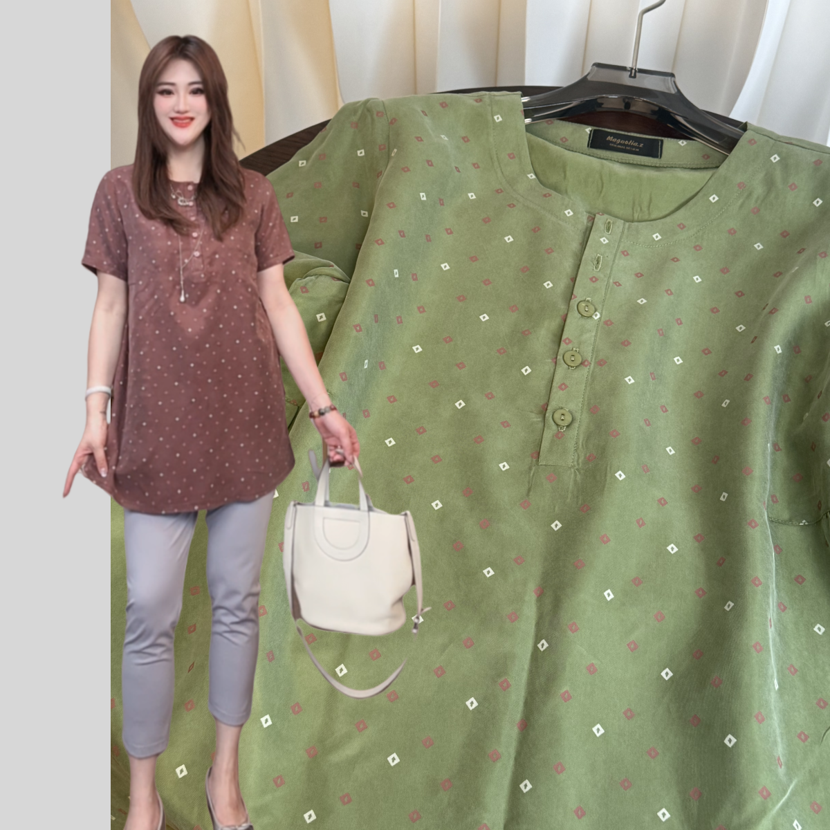 印花铜氨【YANLI】5175简约印花铜氨半开中长上衣