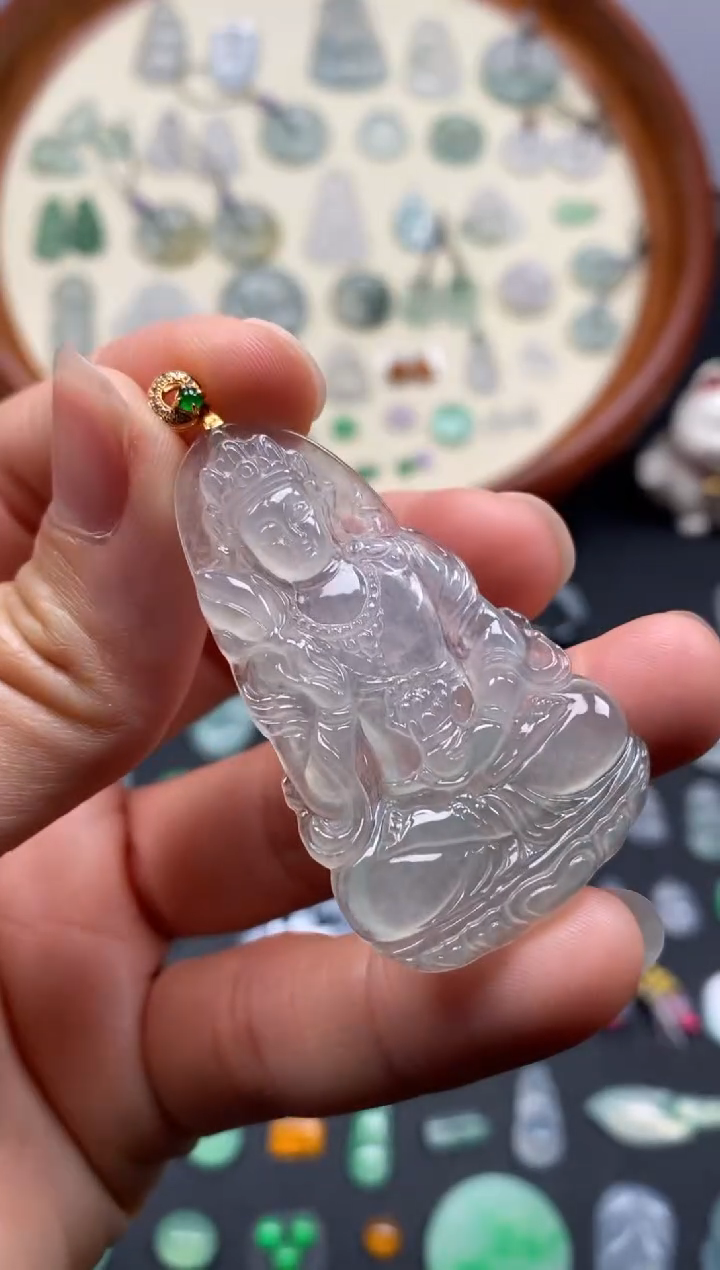翡翠18K金镶嵌颈饰冰度母/芬
