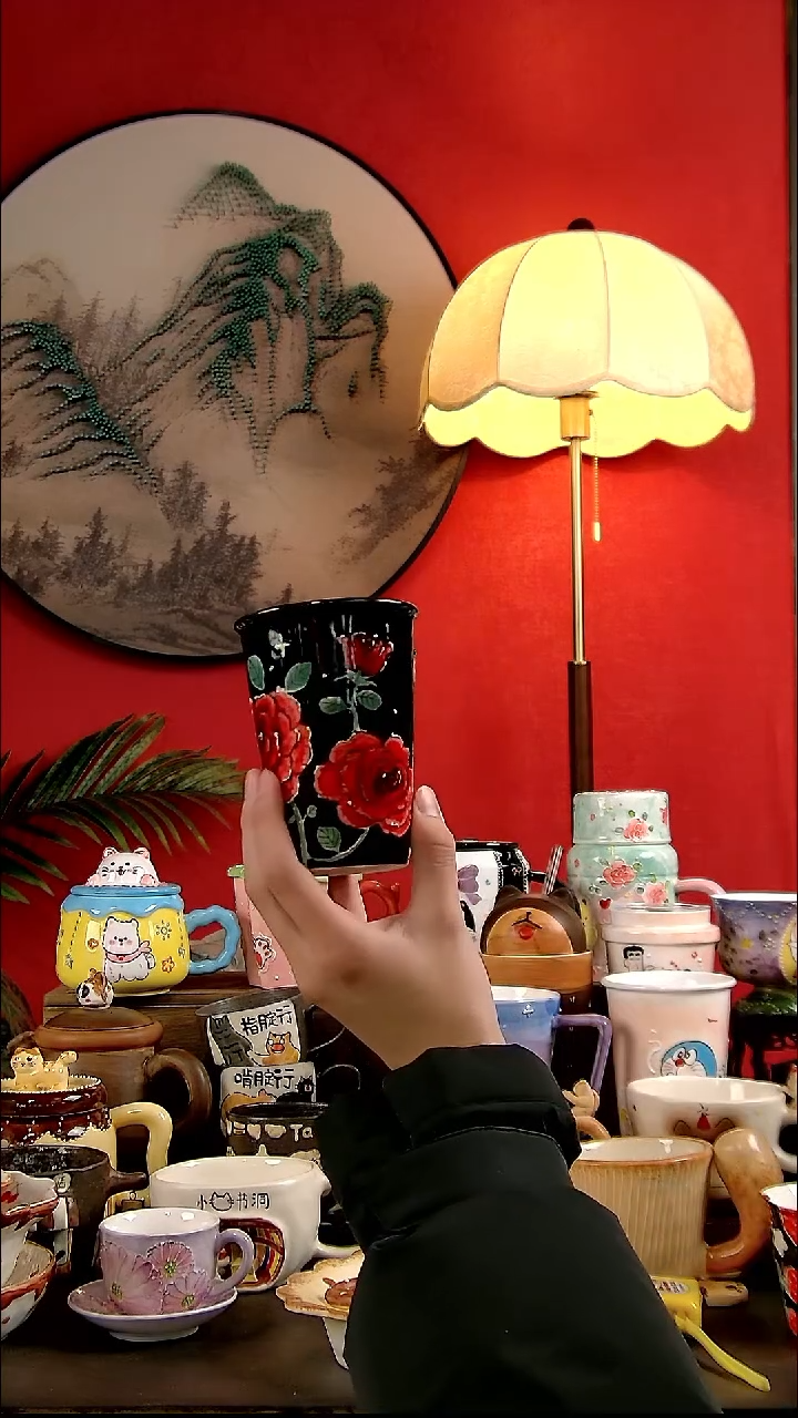 杯子瓷DIY景德镇创意手工陶瓷卡通风玫瑰花可乐杯