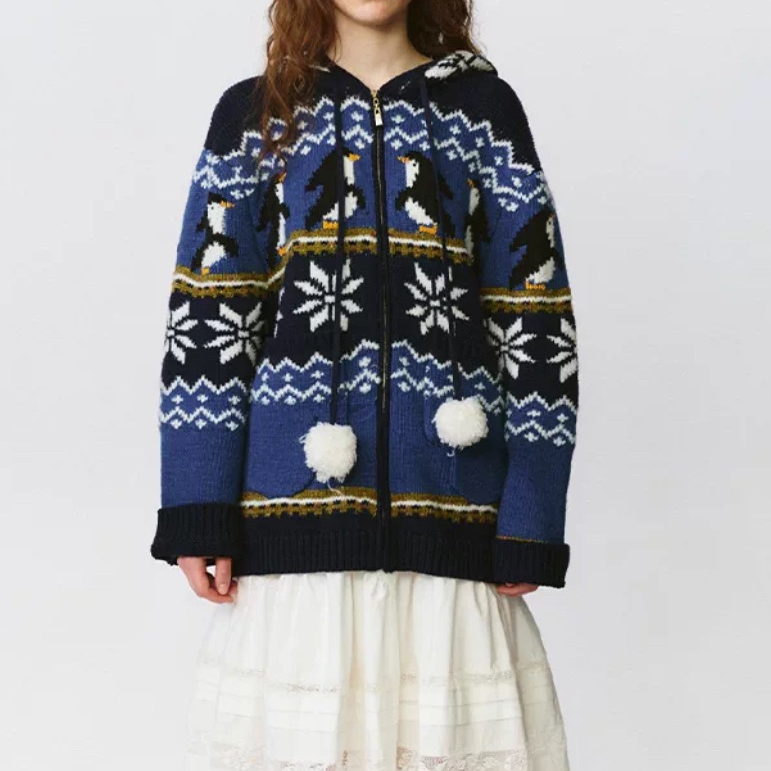  【D206】2025秋冬新款企鹅雪花提花毛织外套长袖连帽开衫