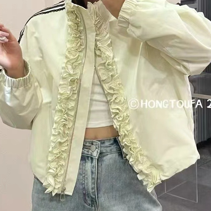 89831韩系拼接木耳花边夹克外套女休闲翻领显瘦上衣A140-121