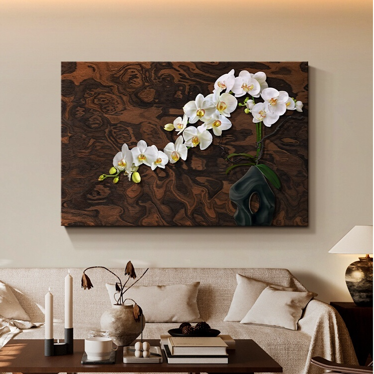 蝴蝶兰中古风横版客厅装饰画复古艺术沙发背景墙挂画法式花卉壁画