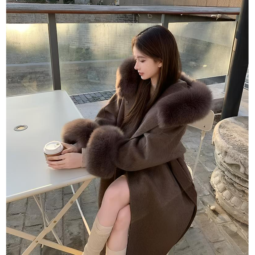 大毛领双面战袍大衣2025秋冬新款连帽中长款宽松韩版时尚毛呢外套