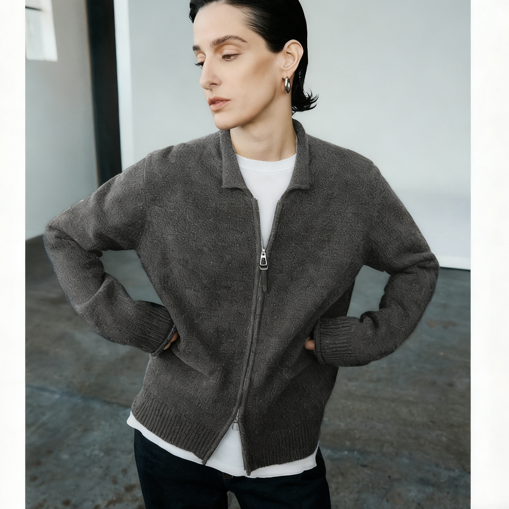 Ayuko｜髙原馈赠牦牛绒羊毛極简卷边翻领拉链柔糯温暖针织开衫2830