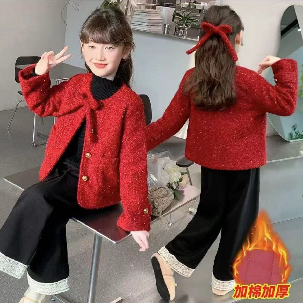 女童小香风加绒直筒裤1213