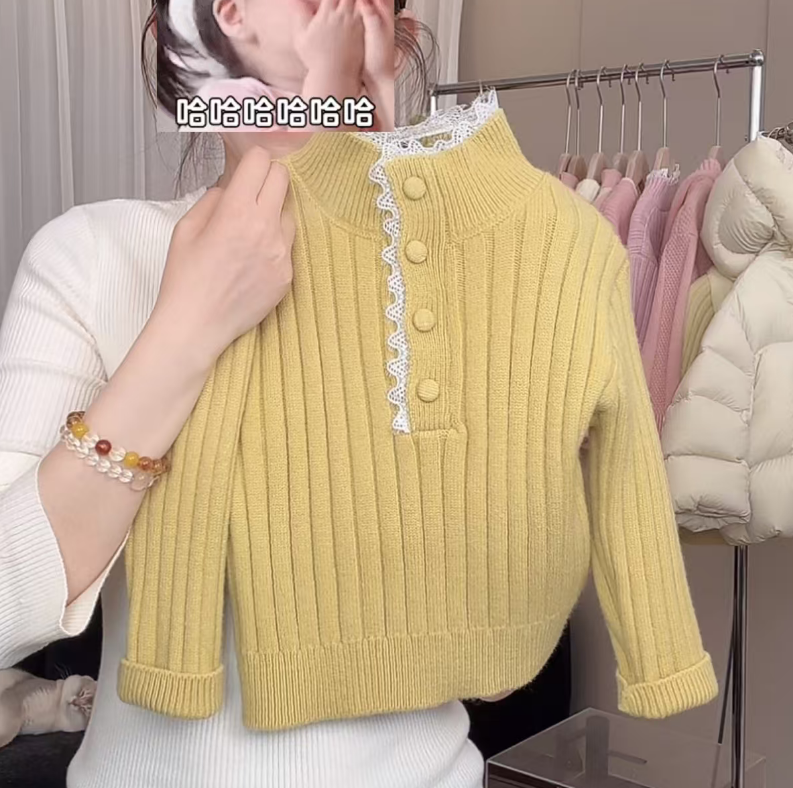 女童半高领毛衣蕾丝针织衫打底衫毛衣休闲风洋气冬季
