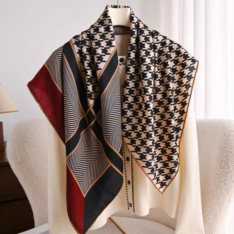 【红边千鸟格】86cm桑蚕丝羊毛逐梦鸟围巾女冬季披肩外搭爆款新款