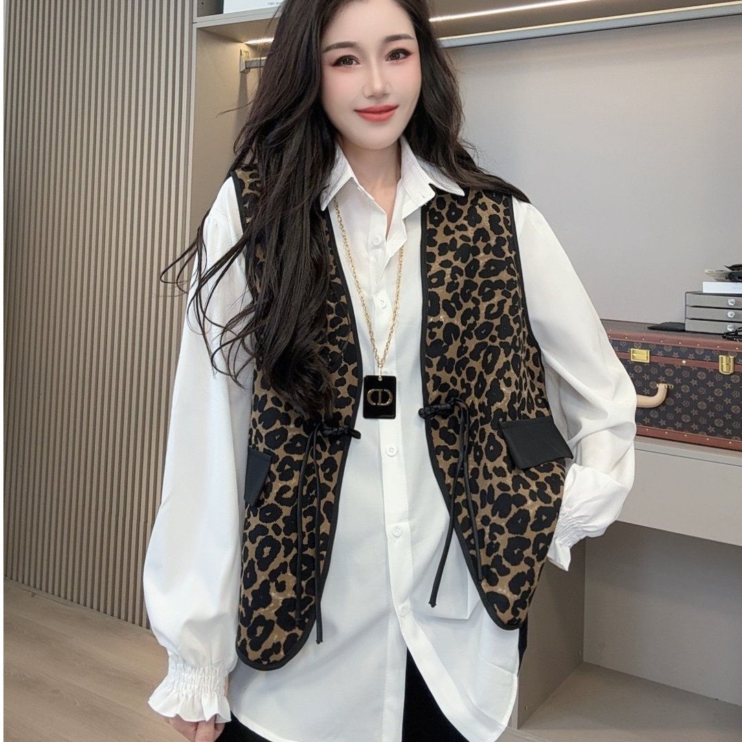 佐蔓推荐 早春时尚宽松中式豹纹马甲