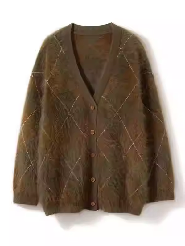 萌萌家/定格时光皇室拉绒大克重复古菱格纹针织开衫女时髦感外套