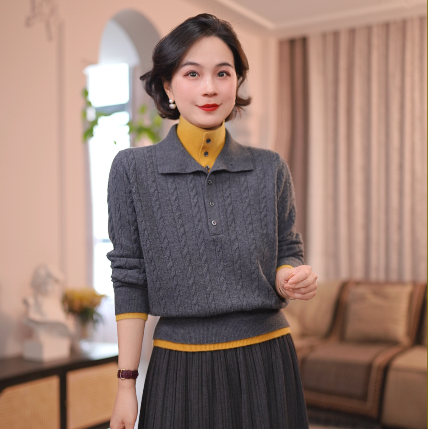 秋冬显瘦保暖假两件长袖拼接毛针织衫气质#DQ7268